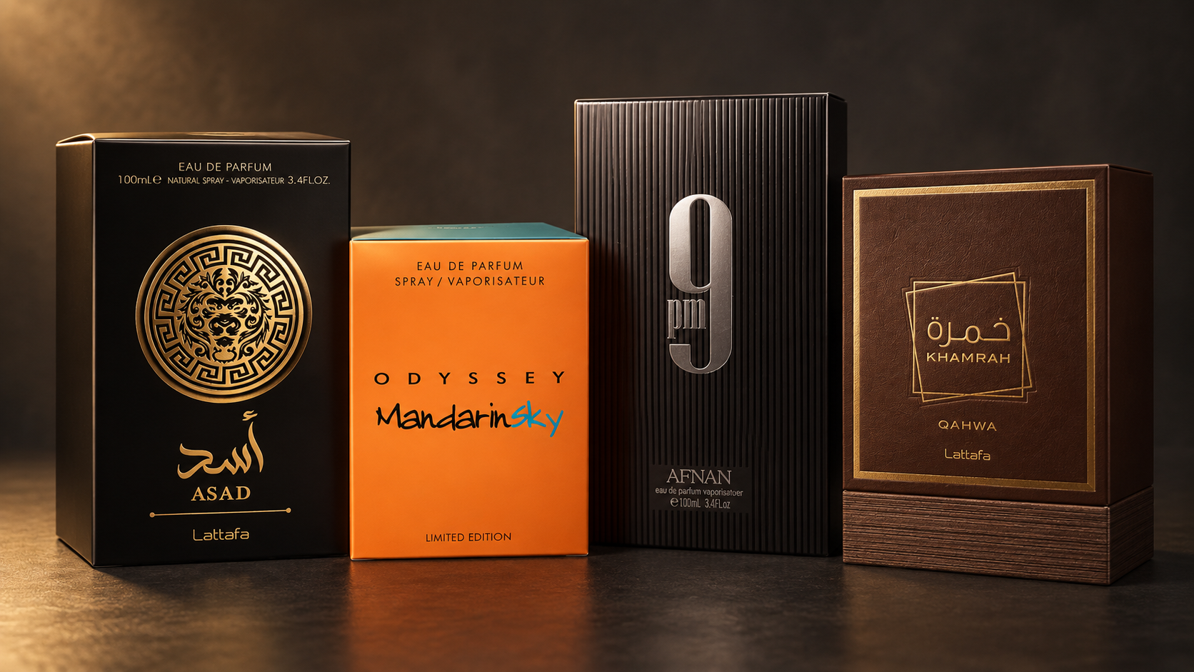 Selección de perfumes Asad, Mandarin Sky, 9 PM y Khamrah Qahwa